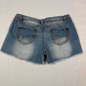 Y2K Crissa Women Low Rise Denim Shorts Medium Wash Frayed Hem Floral Lining 29